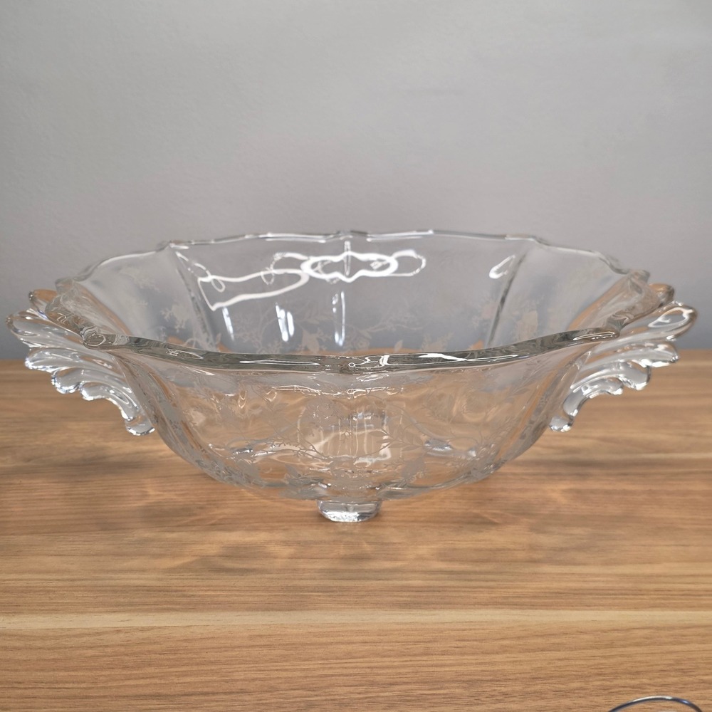 Vintage Fostoria Chintz Etched‎ Handled 4 Toed Bowl Baroque Shape Blown Glass